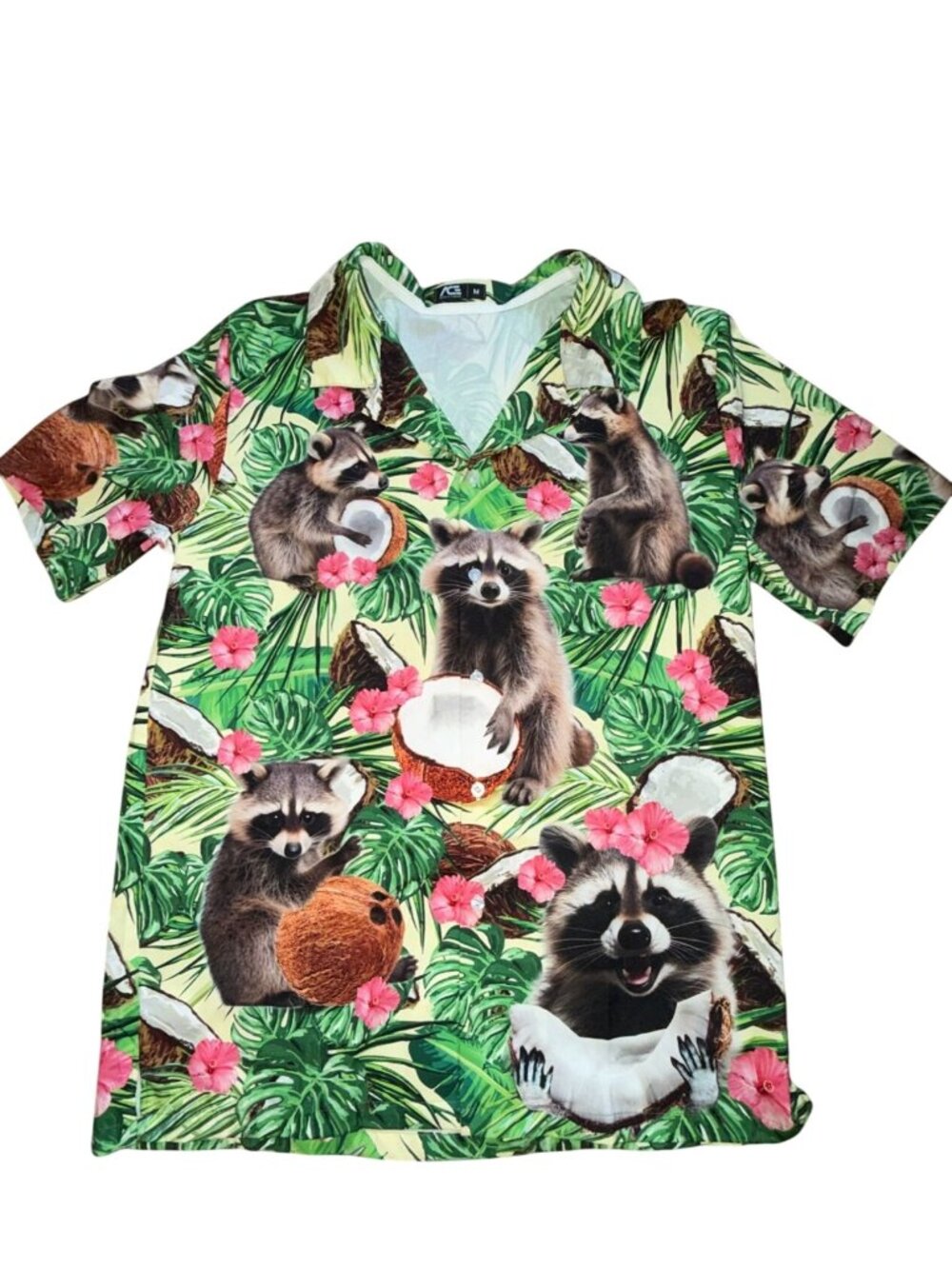 Vintage Style Raccoon Tropical Print Button Up Short Sleeve Casual Beach Top-M
